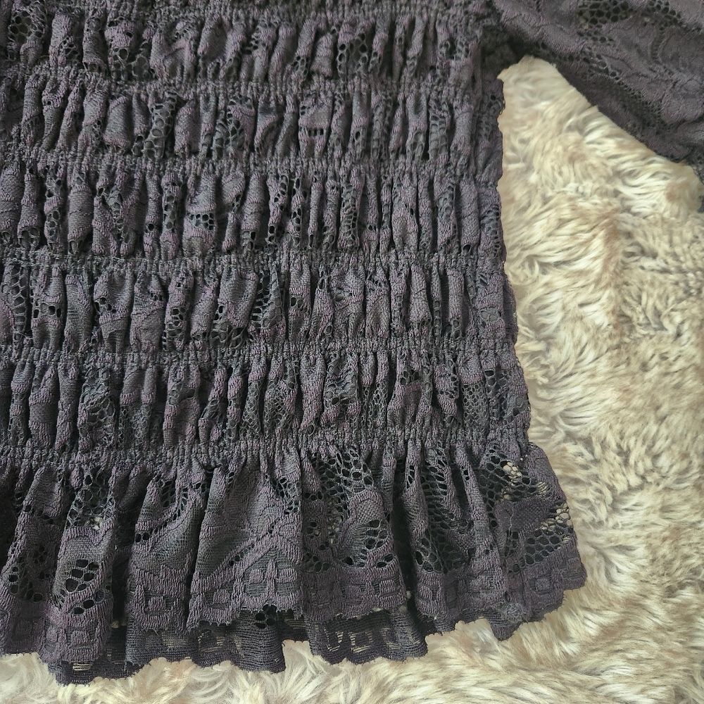 Willow + Root Puff Sleeve Smocked Bodice Ruffle Trim Black Lace‎ Top Size Small - Picture 2 of 7